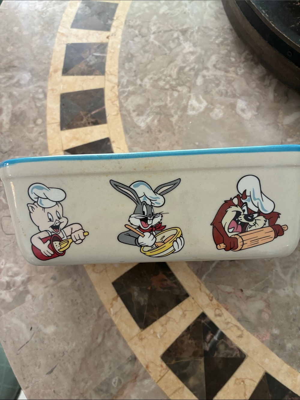 Vintage Looney Tunes Ceramic Baker with Porky, Bugs & Taz - White and Turquoise
